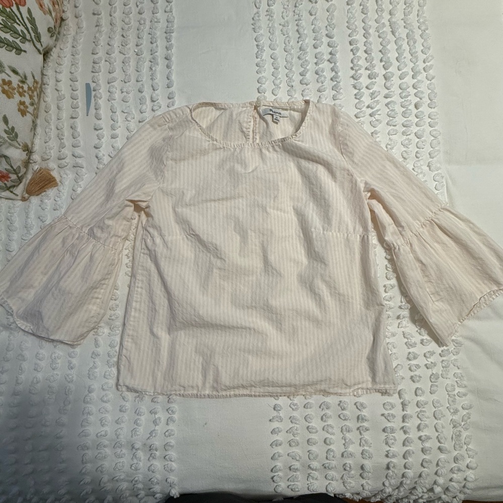 Madewell Women’s XS White/Soft Pink Striped Bell-Sleeve Blouse